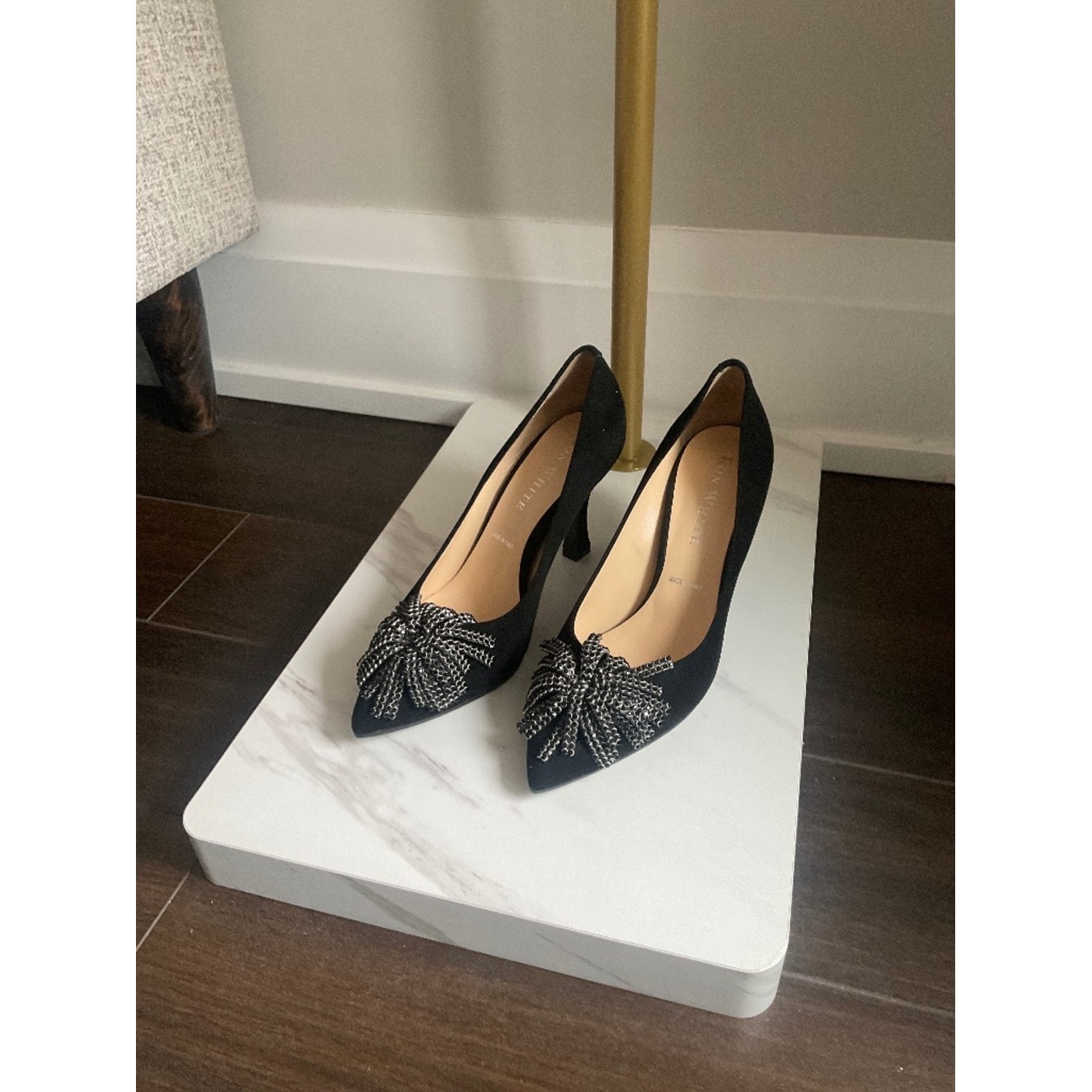 Ron White Black Suede Heels W/ Stone Flower Rope Detail